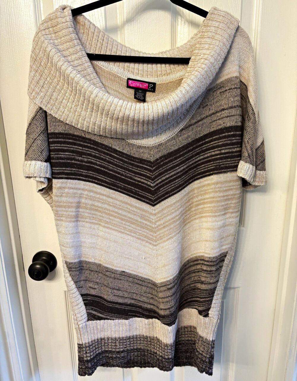 Say What? Knit Cowl Neck Off Shoulder Striped Pullover Sweater Short Sleeve 2X